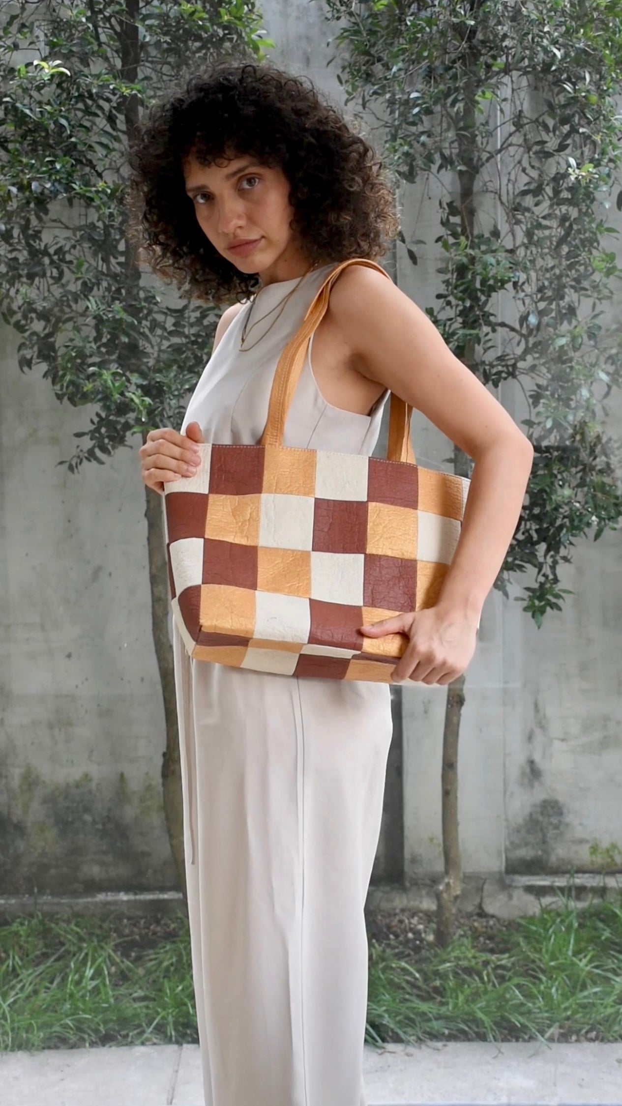 Large Tote, Checkered Patchwork Antique Gold/Natural/Canela
