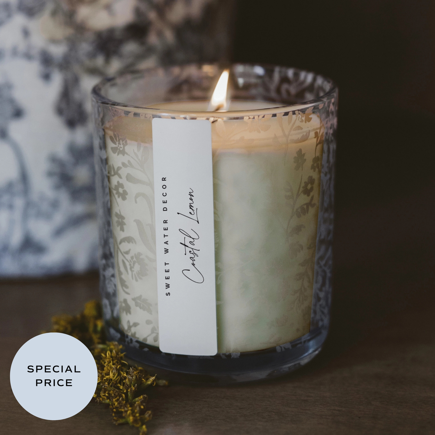 *NEW* Coastal Lemon 12 oz Soy Candle, Blue Tinted Floral Jar