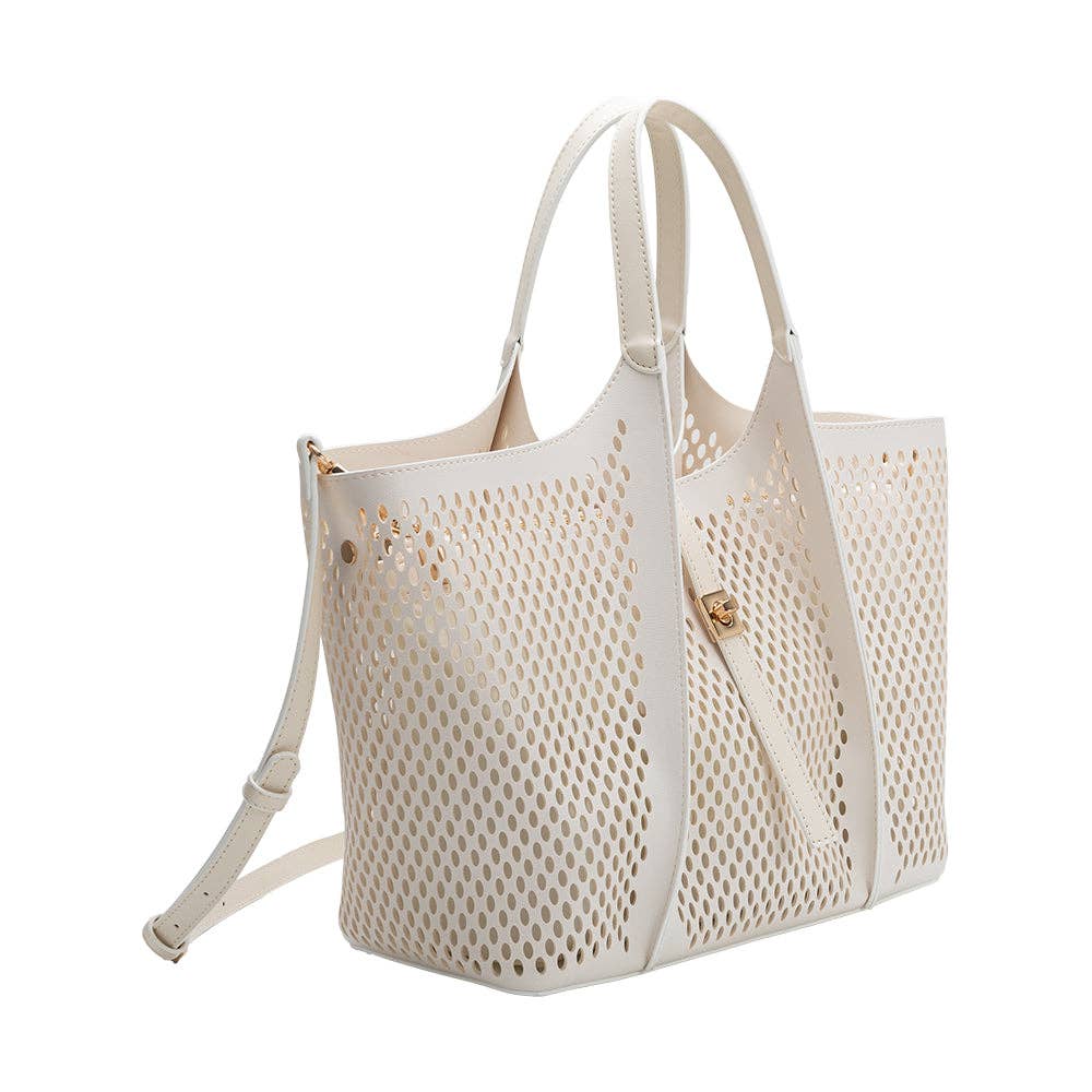 Malia Ivory Laser Cut Vegan Leather Tote Bag