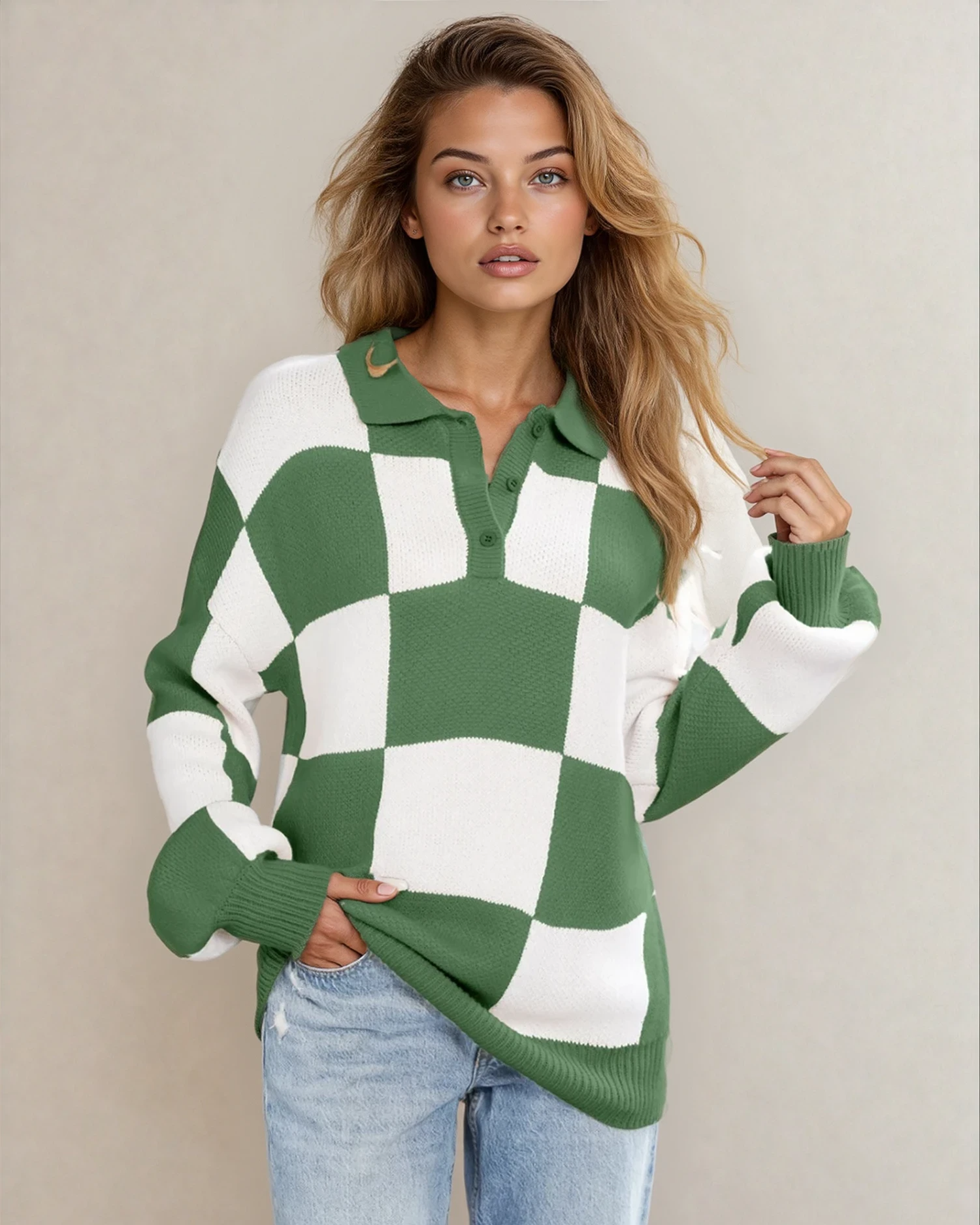 V Neck Checkered Sweater - Green