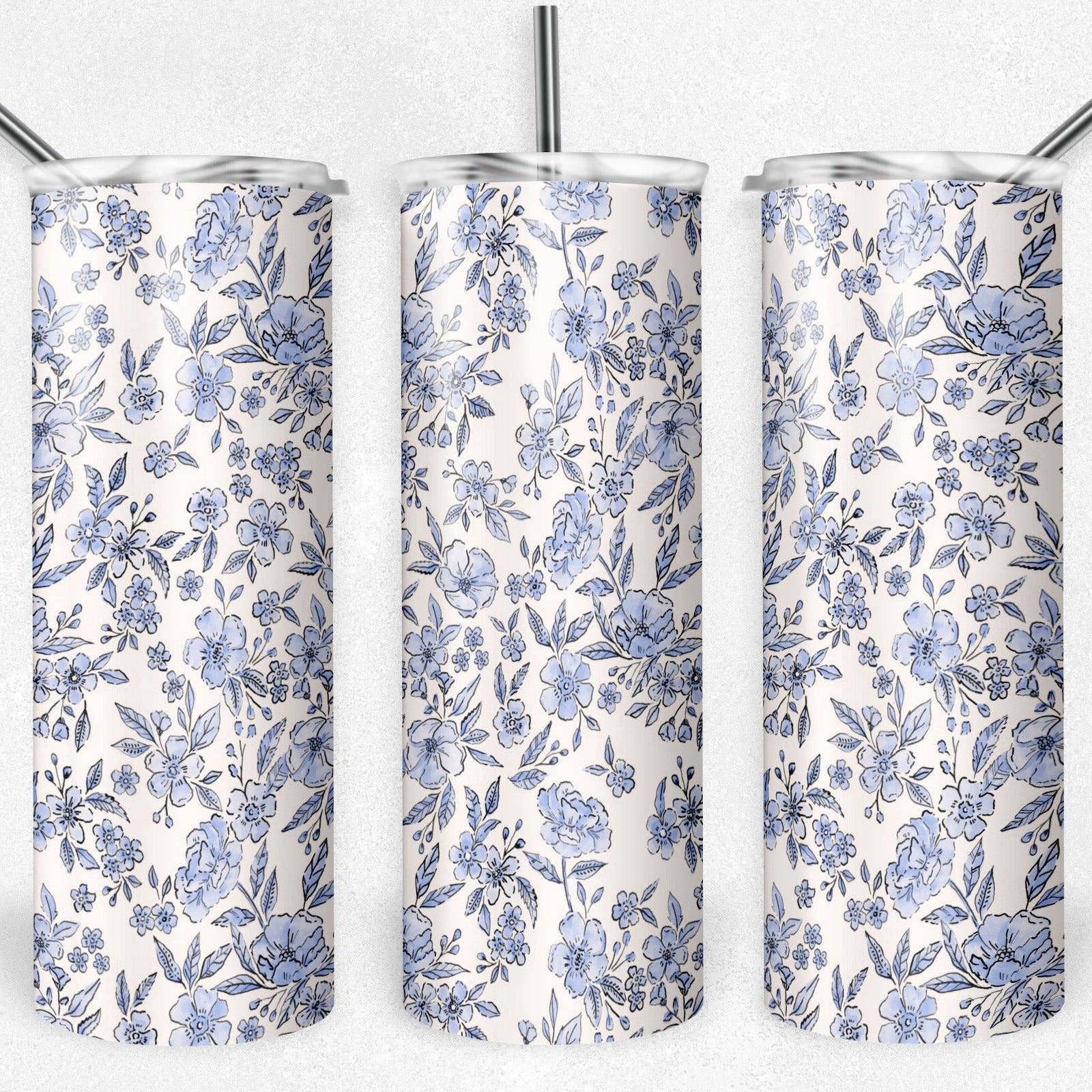 20 oz Skinny Tumbler, Blue Floral Vintage Style Pattern