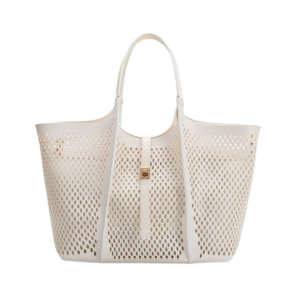 Malia Ivory Laser Cut Vegan Leather Tote Bag