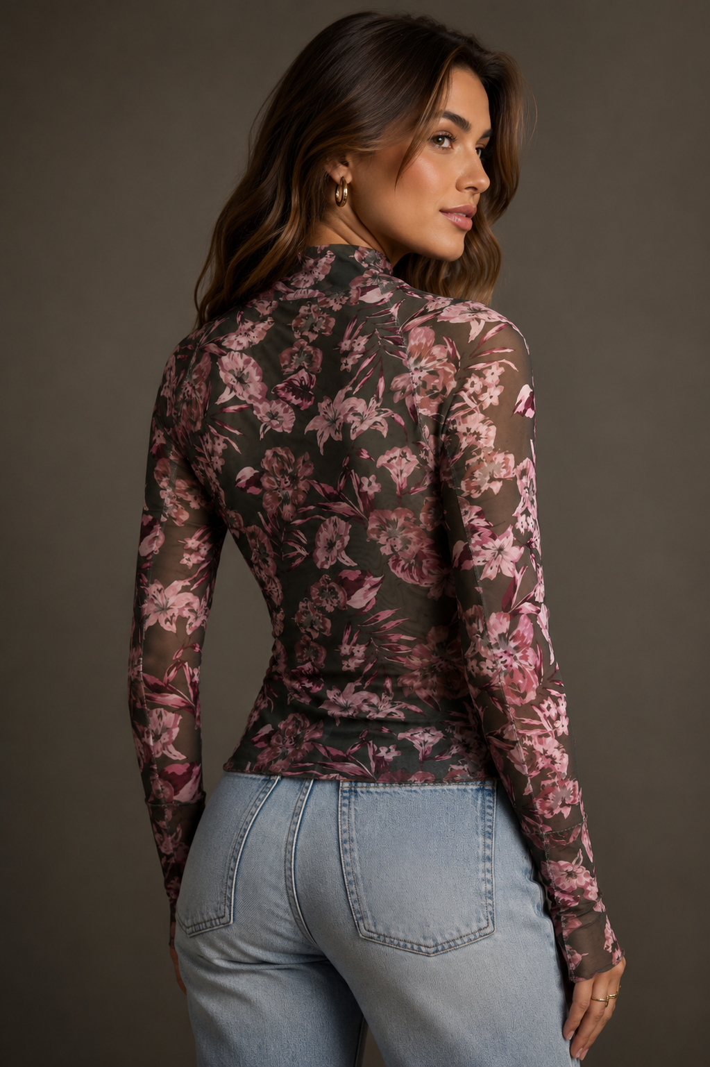 Olive & Pink Floral Mesh Top