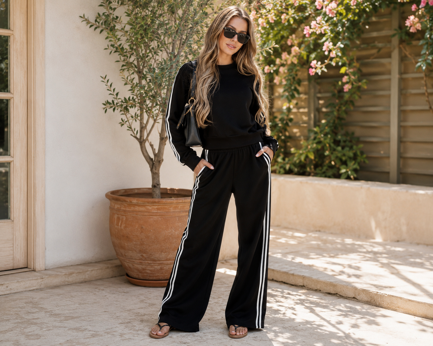 Varsity Athleisure Set - Black | Pullover | Wide Leg Pants
