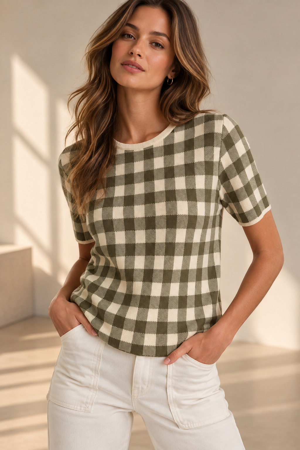 The Laurel Check Knit Top | Olive