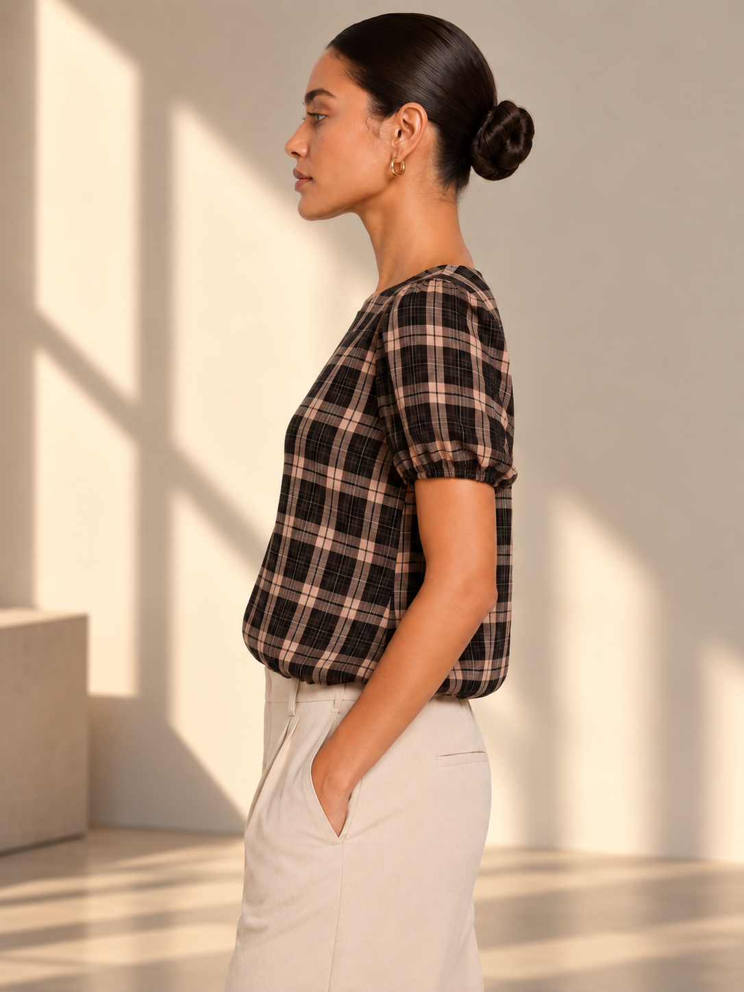 The Carmen Plaid Bubble Hem Blouse