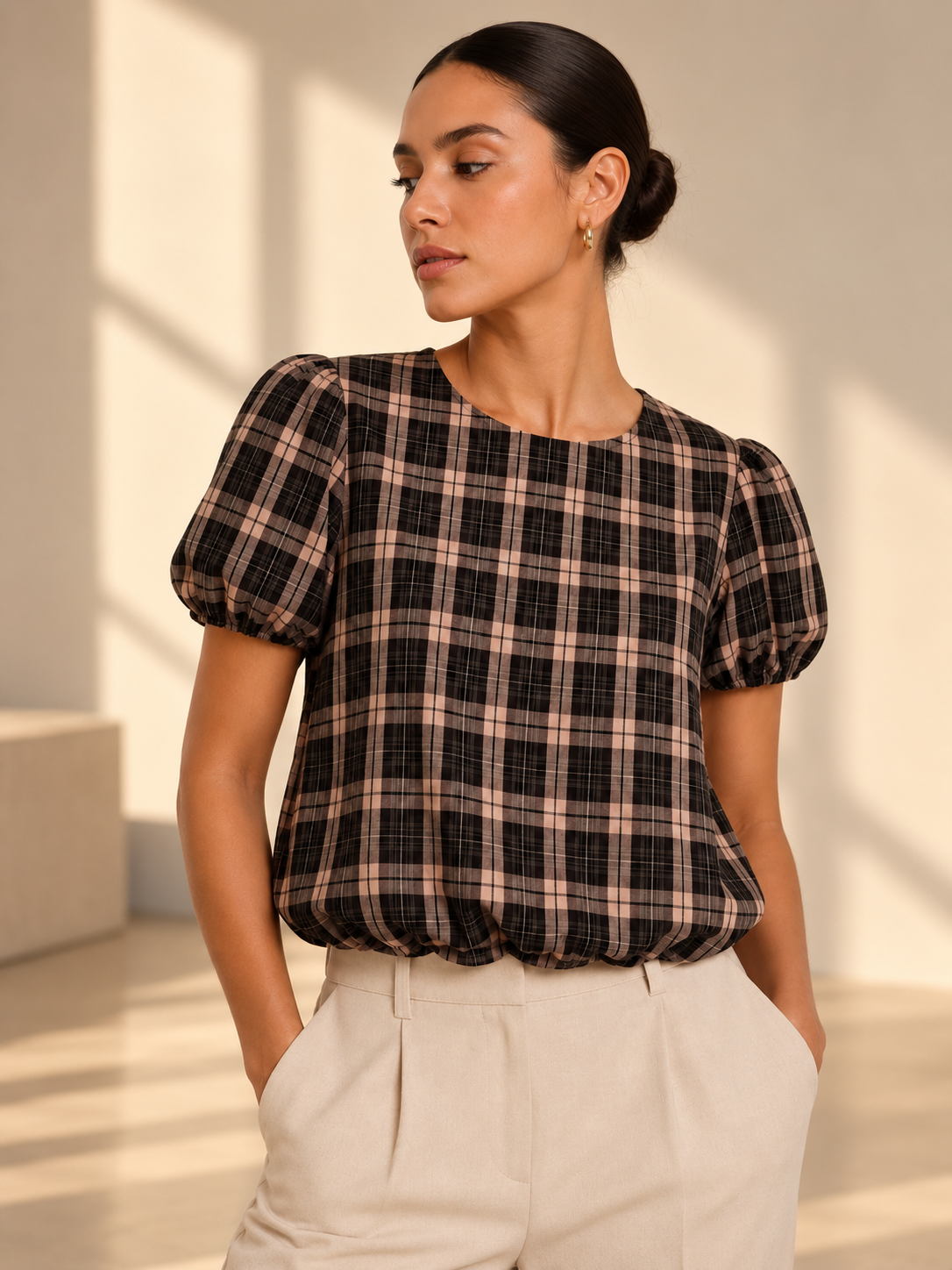 The Carmen Plaid Bubble Hem Blouse