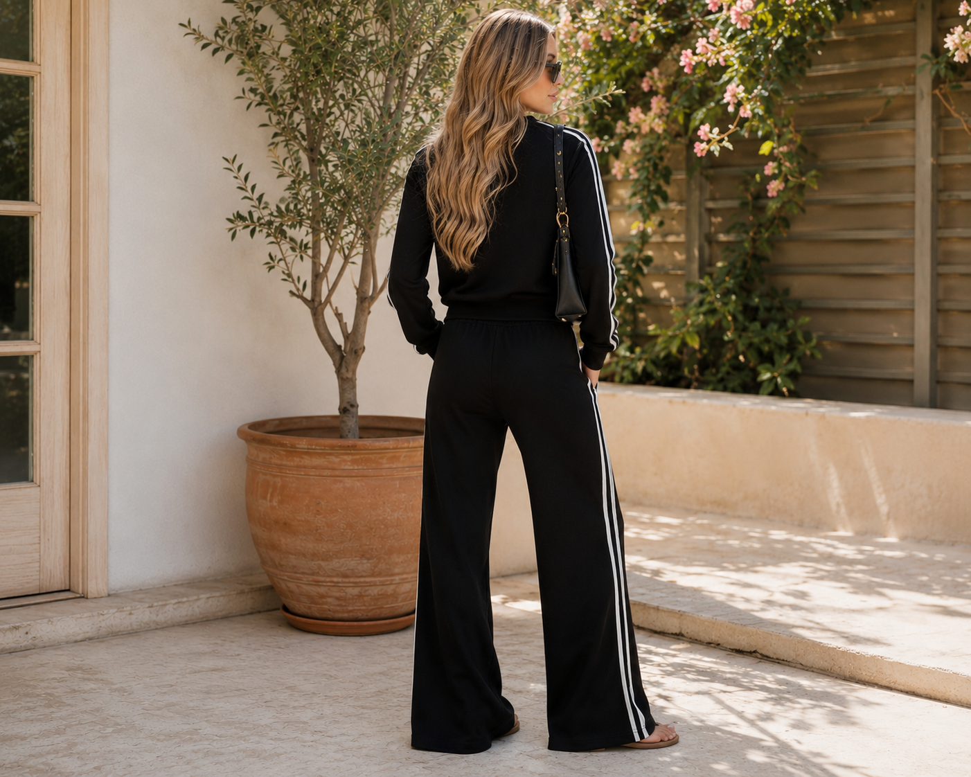 Varsity Athleisure Set - Black | Pullover | Wide Leg Pants