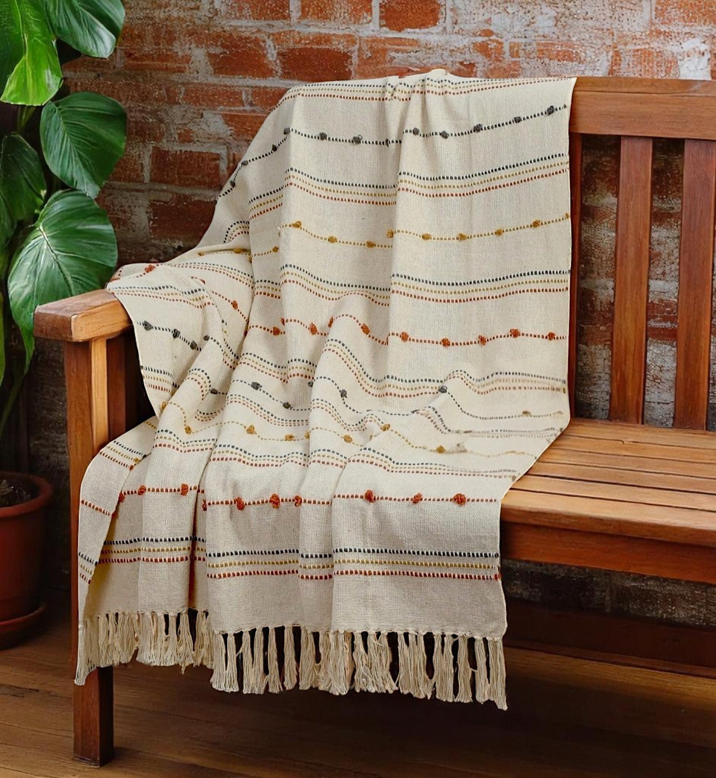 Hand Woven Cream Throw Blanket Striped with Tufts and Tassels