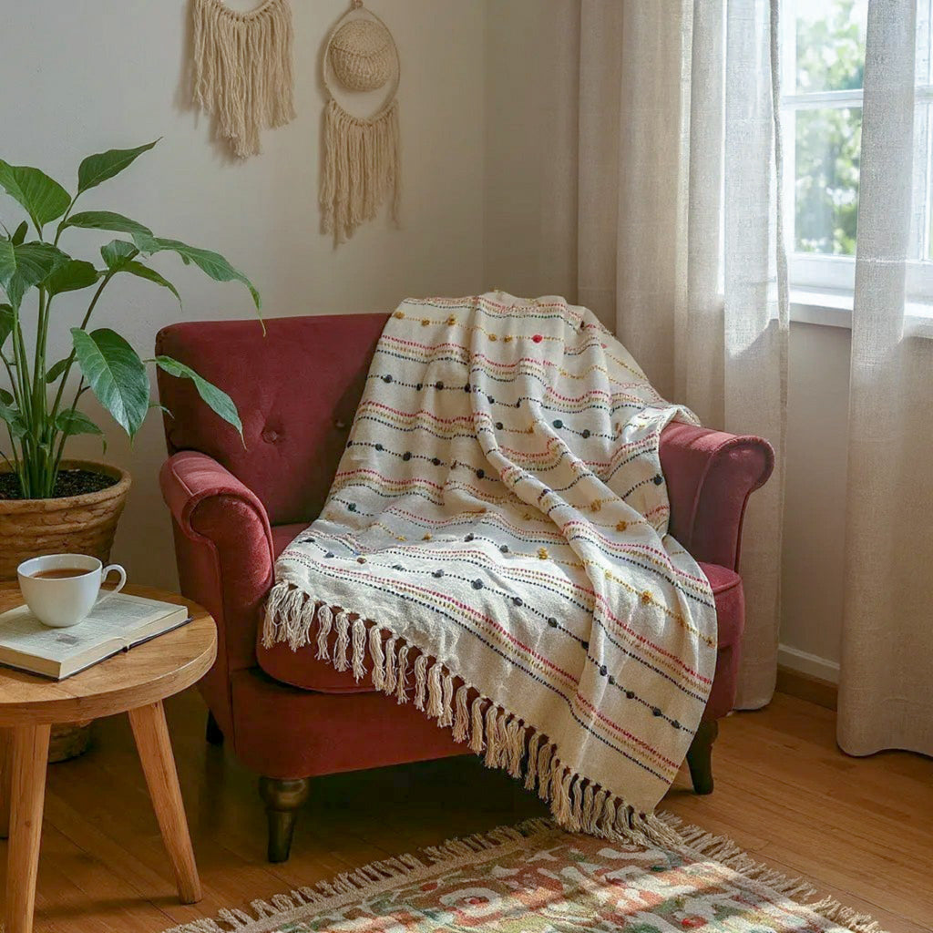Hand Woven Cream Throw Blanket Striped with Tufts and Tassels