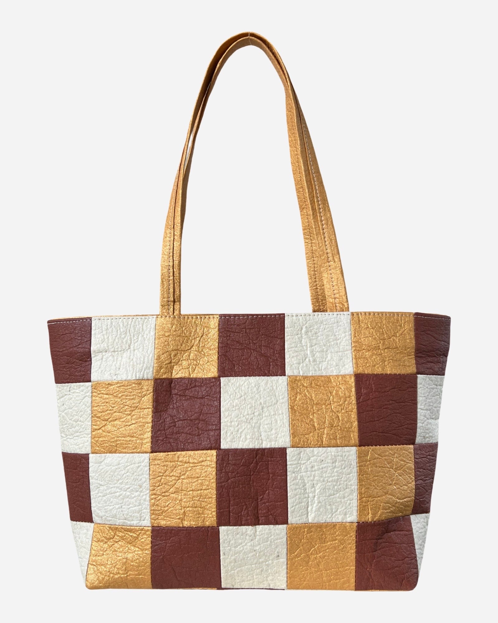 Large Tote, Checkered Patchwork Antique Gold/Natural/Canela