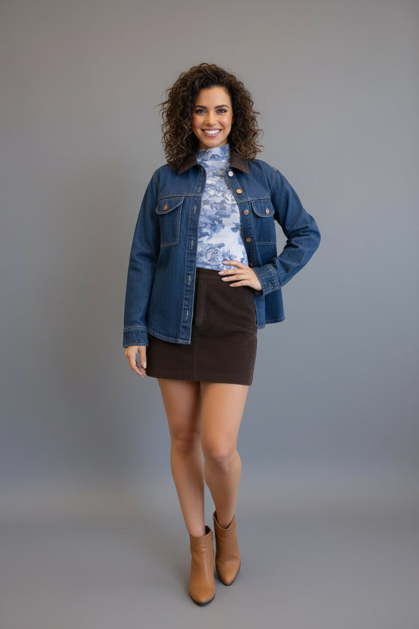 Woman wearing a denim jacket and patterned top in a room with a brick wall.