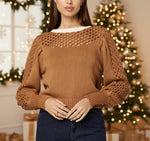 Brown sweater with openwork sleeves worn by a person on a plain background