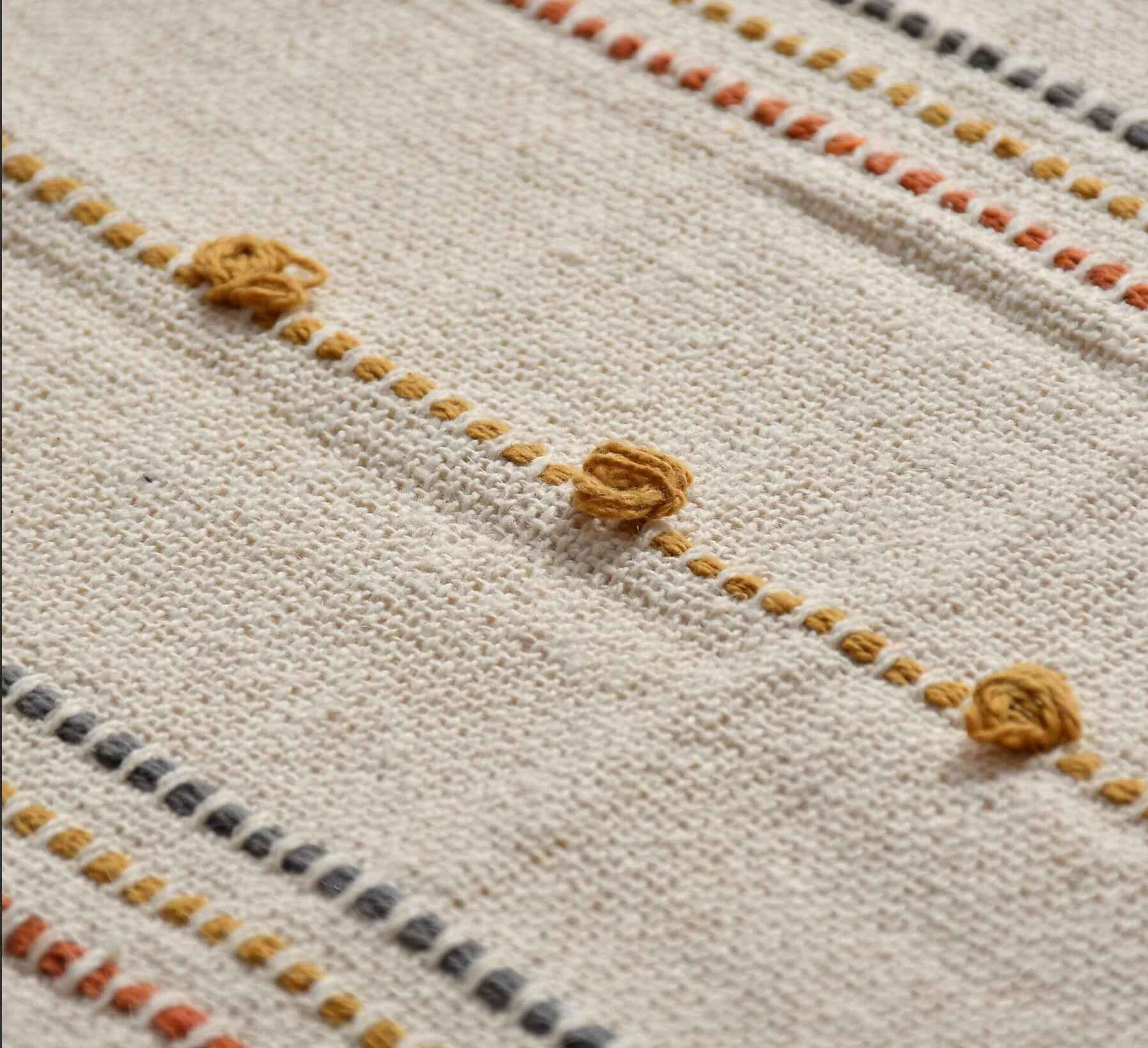 Hand Woven Cream Throw Blanket Striped with Tufts and Tassels