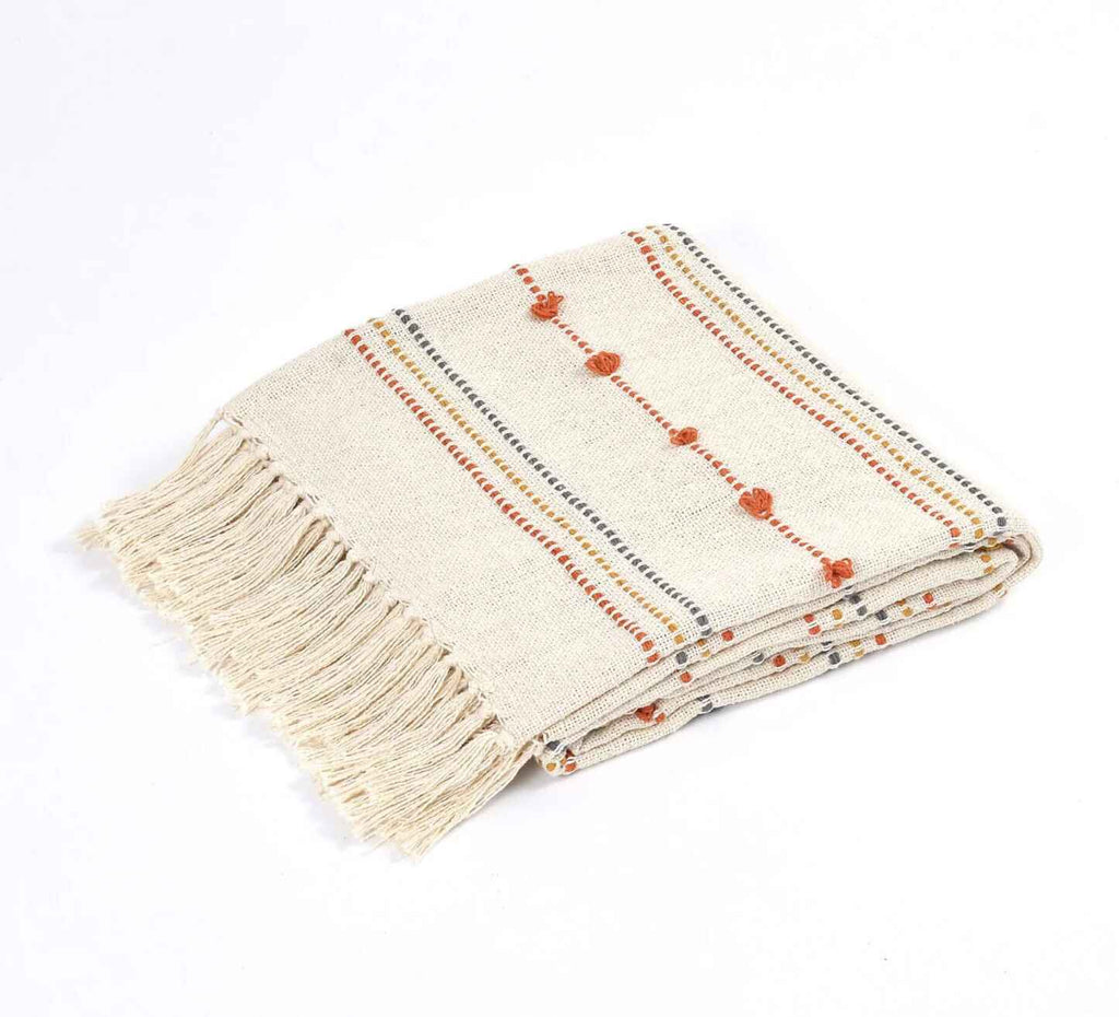 Hand Woven Cream Throw Blanket Striped with Tufts and Tassels