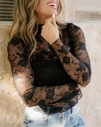 Black Mock Neck Floral Lace Mesh Long Sleeve Top - Black