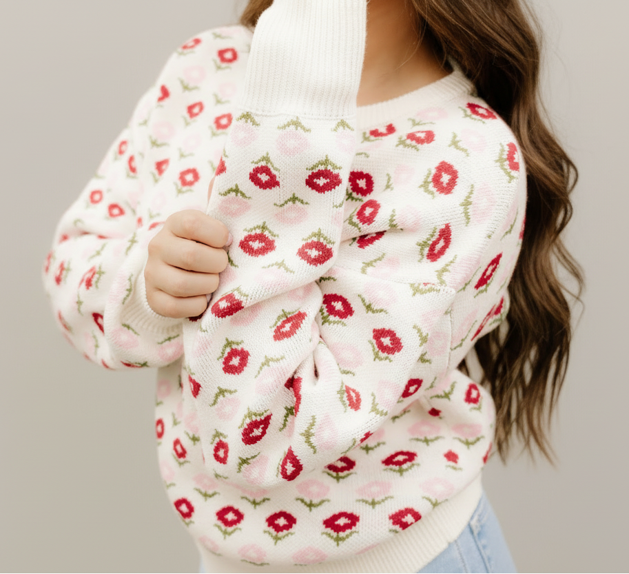Floral patterned sweater with a close-up of the fabric texture.