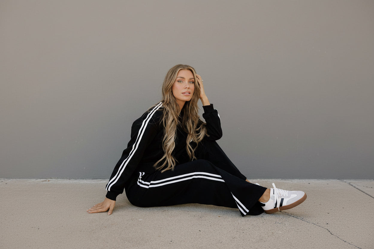 Varsity Athleisure Set - Black | Pullover | Wide Leg Pants