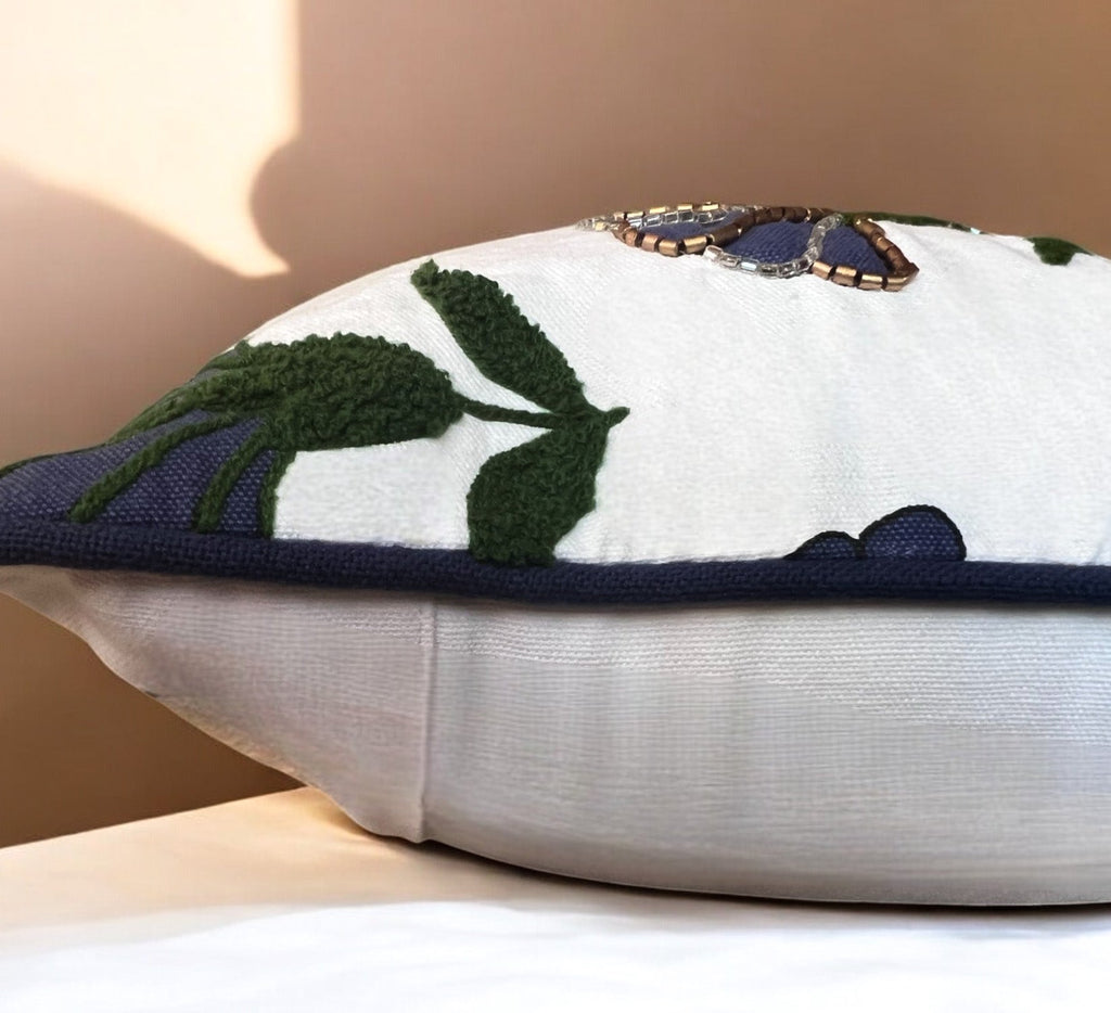 Embroidered Floral Blue Boho Accent Throw Pillow