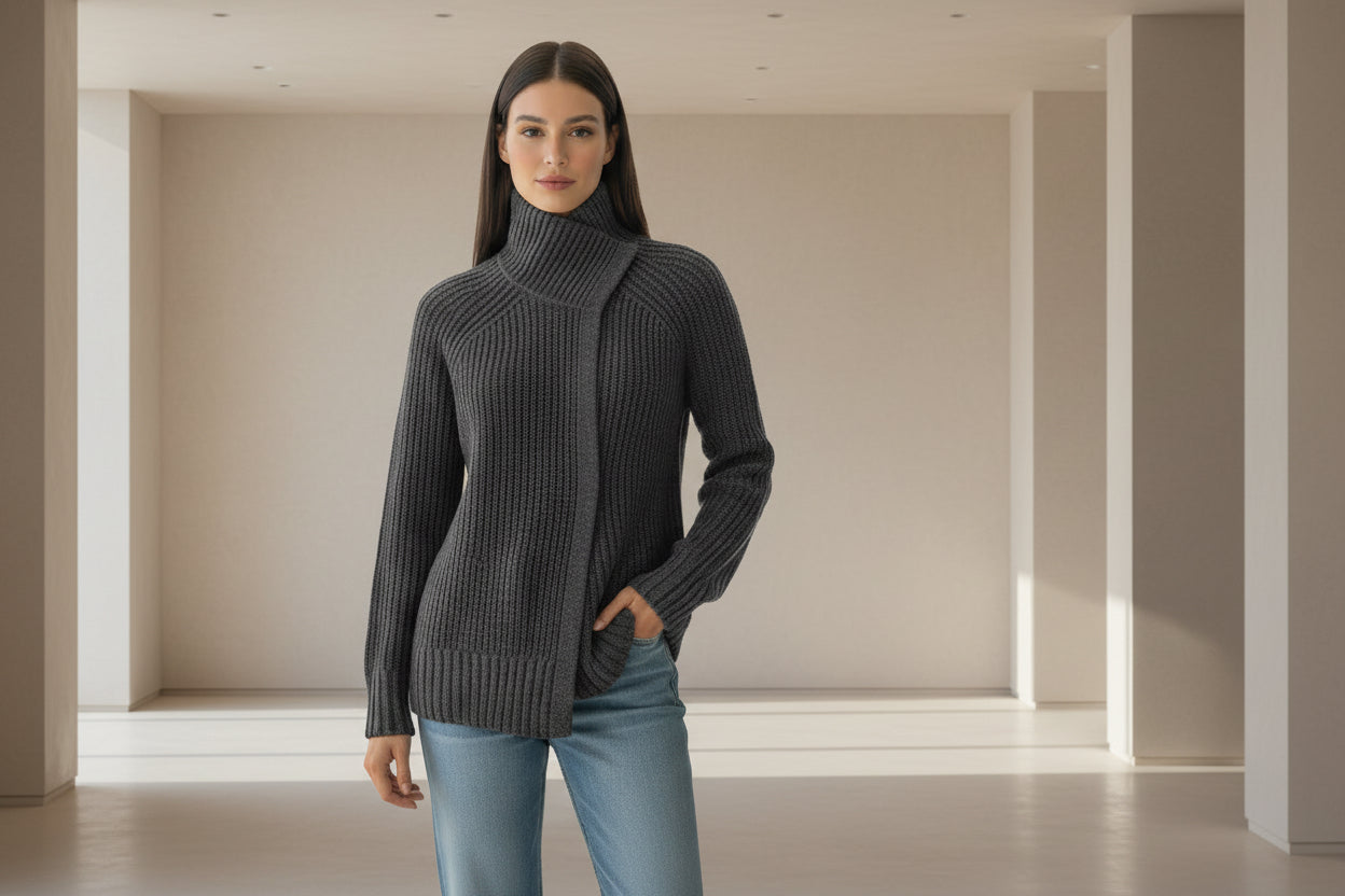 Woman wearing a dark gray sweater and light blue jeans in a minimalistic room.